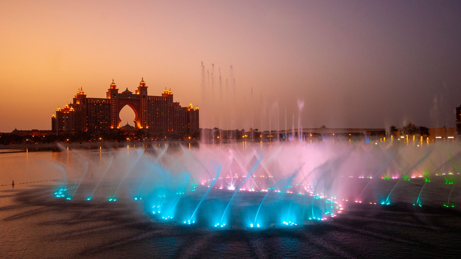 Atlantis, The Palm is a resort complex on artificial island Palm Jumeirah, Dubai. Music fountains.
